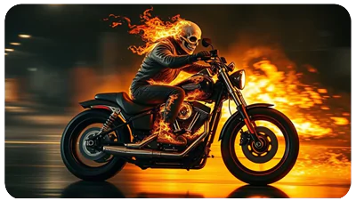Harley davidson ghost-rider from the movie, skull squeleton burning on fire leather jacket, speed blur, smoke and fire effect on the wheels,wet road, fire behind- night scene wallpaper