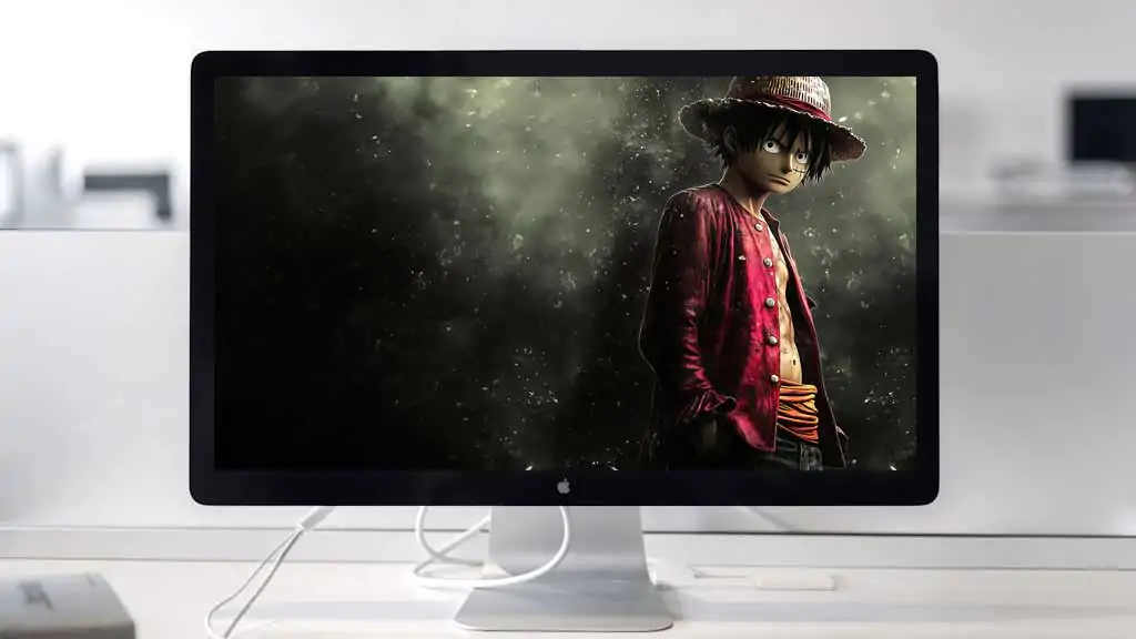 Realistic Monkey D Luffy wallpaper 4k showing the Straw Hat captain with iconic straw hat and red vest in dark atmospheric lighting with dramatic particle effects