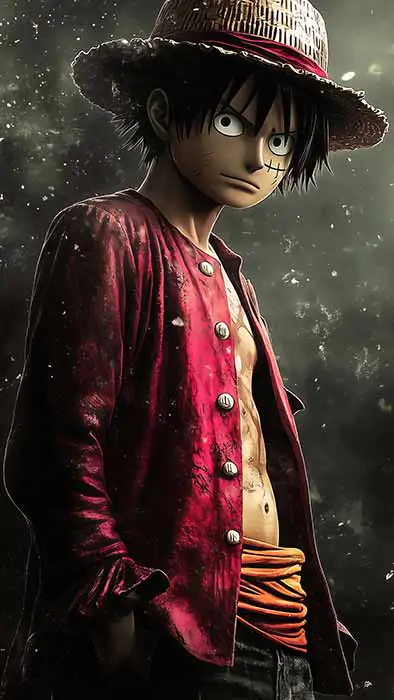 Realistic Monkey D Luffy wallpaper 4k showing the Straw Hat captain with iconic straw hat and red vest in dark atmospheric lighting with dramatic particle effects
