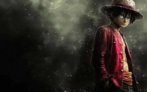 Realistic Monkey D Luffy wallpaper 4k showing the Straw Hat captain with iconic straw hat and red vest in dark atmospheric lighting with dramatic particle effects