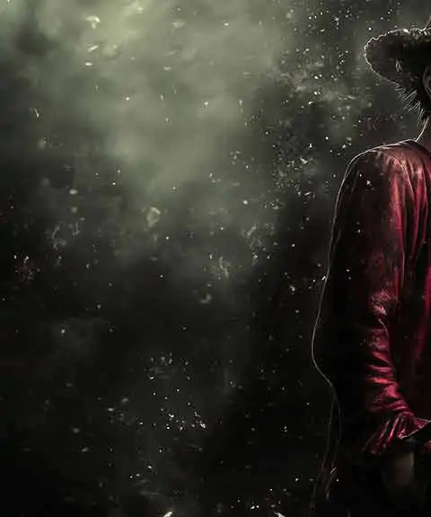 Realistic Monkey D Luffy wallpaper 4k showing the Straw Hat captain with iconic straw hat and red vest in dark atmospheric lighting with dramatic particle effects
