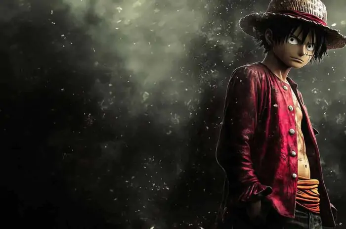 Realistic Monkey D Luffy wallpaper 4k showing the Straw Hat captain with iconic straw hat and red vest in dark atmospheric lighting with dramatic particle effects