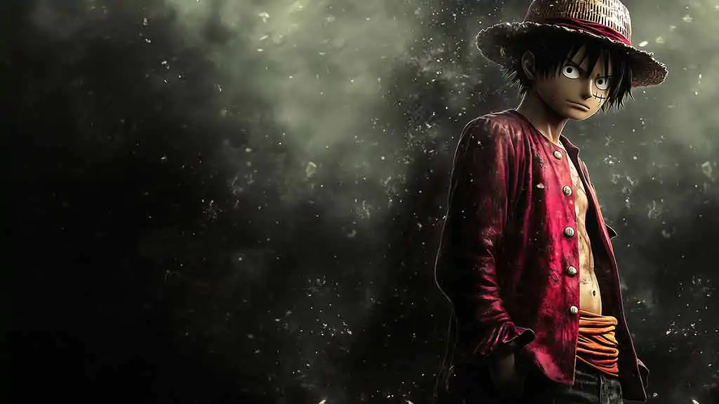 Realistic Monkey D Luffy wallpaper 4k showing the Straw Hat captain with iconic straw hat and red vest in dark atmospheric lighting with dramatic particle effects