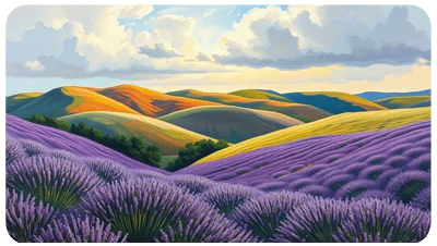 Oil painting landscape - Impressionist style rolling hills with visible brushstrokes, lavender fields under dramatic sky, thick textured paint, Van Gogh inspired color intensity and movement wallpaper