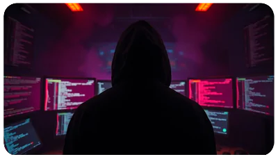 hacker-black-hoodie-view-from-behind-in-a-dark-room-full-of-coding-screens,neon-light,-smoke,volumetric-light,-cinematic-lighting wallpaper