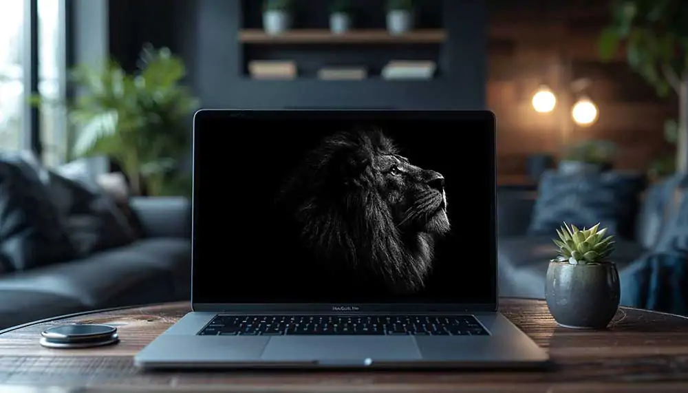 Majestic black and white lion portrait wallpaper 4K HD showing powerful male lion in dramatic side profile against dark background