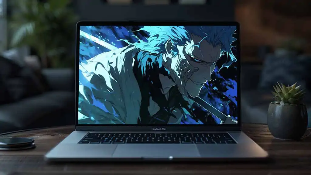 Grimmjow Jaegerjaquez close-up with intense expression surrounded by blue spiritual energy, 4K Bleach Espada wallpaper