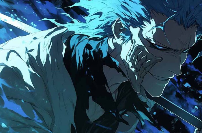 Grimmjow Jaegerjaquez close-up with intense expression surrounded by blue spiritual energy, 4K Bleach Espada wallpaper