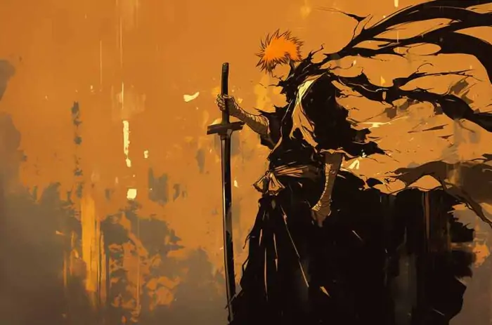 Ichigo Kurosaki silhouette holding sword with flowing black cloak against orange sunset, artistic 4K Bleach anime wallpaper
