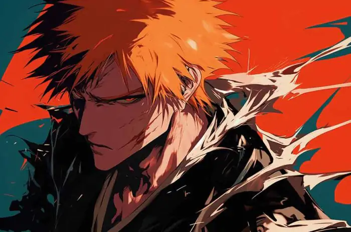 Ichigo Kurosaki close-up with orange hair and determined expression, vibrant orange and teal artistic 4K Bleach anime wallpaper