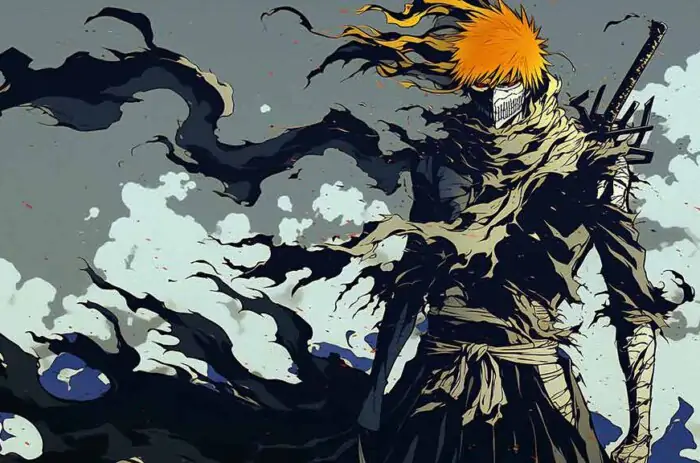 Bleach Ichigo Hollow Bankai 4K wallpaper orange hair mask transformation with flowing black energy zanpakuto sword anime HD background