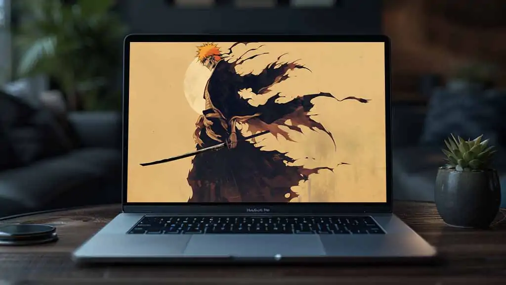 Hollow Ichigo with white mask in battle stance against full moon, black flowing cloak, 4K Bleach anime wallpaper