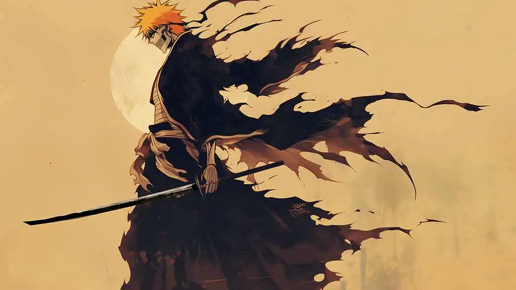 Hollow Ichigo with white mask in battle stance against full moon, black flowing cloak, 4K Bleach anime wallpaper