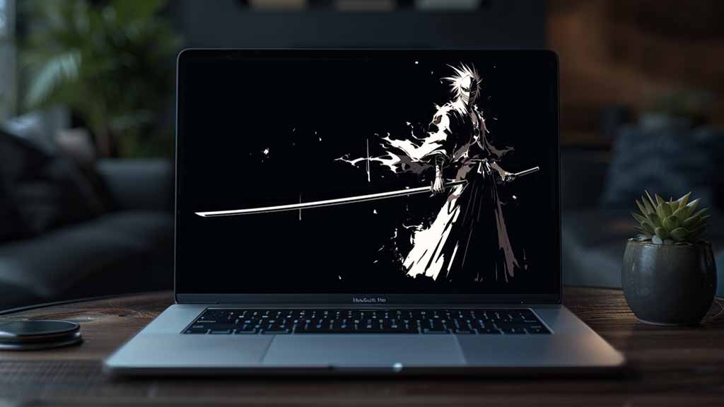 Ichigo Kurosaki in black and white with hollow mask wielding long sword, monochrome minimalist 4K Bleach anime wallpaper Free for desktop and mobile