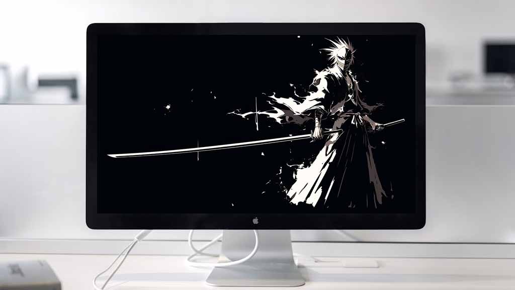 Ichigo Kurosaki in black and white with hollow mask wielding long sword, monochrome minimalist 4K Bleach anime wallpaper Free for desktop and mobile