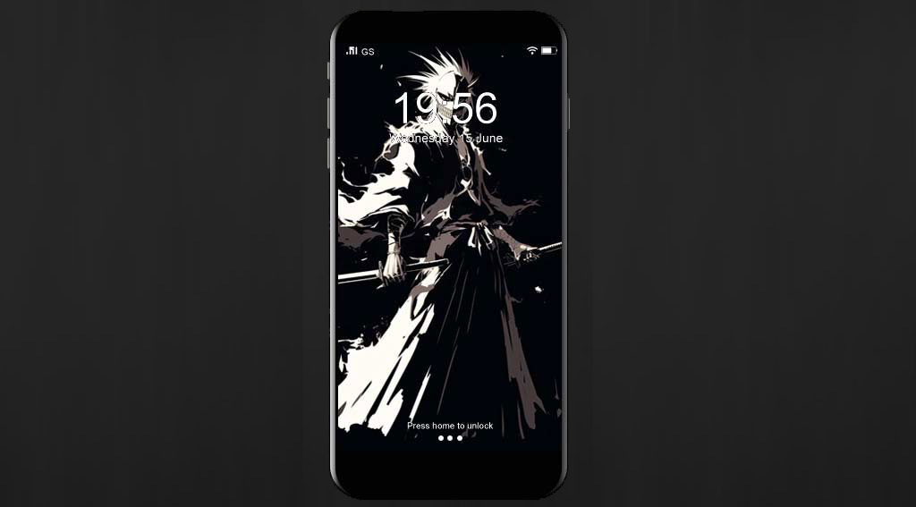 Ichigo Kurosaki in black and white with hollow mask wielding long sword, monochrome minimalist 4K Bleach anime wallpaper Free for desktop and mobile