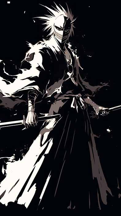 Ichigo Kurosaki in black and white with hollow mask wielding long sword, monochrome minimalist 4K Bleach anime wallpaper Free for desktop and mobile