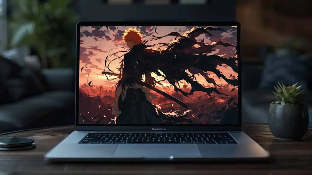 Bleach Ichigo Kurosaki 4K wallpaper silhouette with Zanpakuto sword against dramatic orange sunset cityscape anime HD desktop background