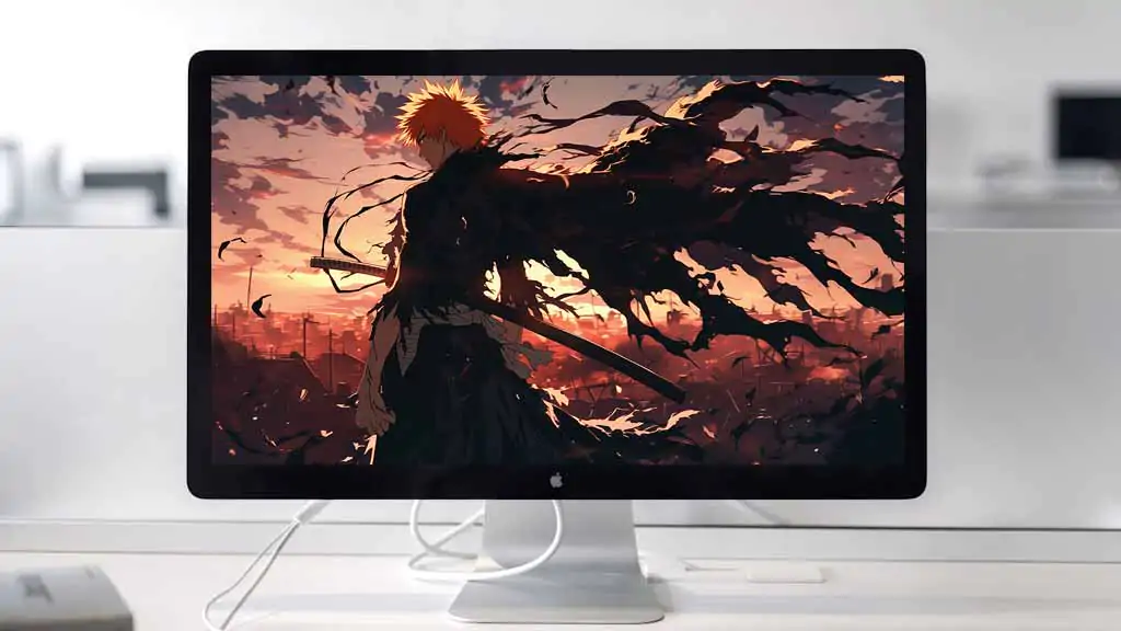 Bleach Ichigo Kurosaki 4K wallpaper silhouette with Zanpakuto sword against dramatic orange sunset cityscape anime HD desktop background