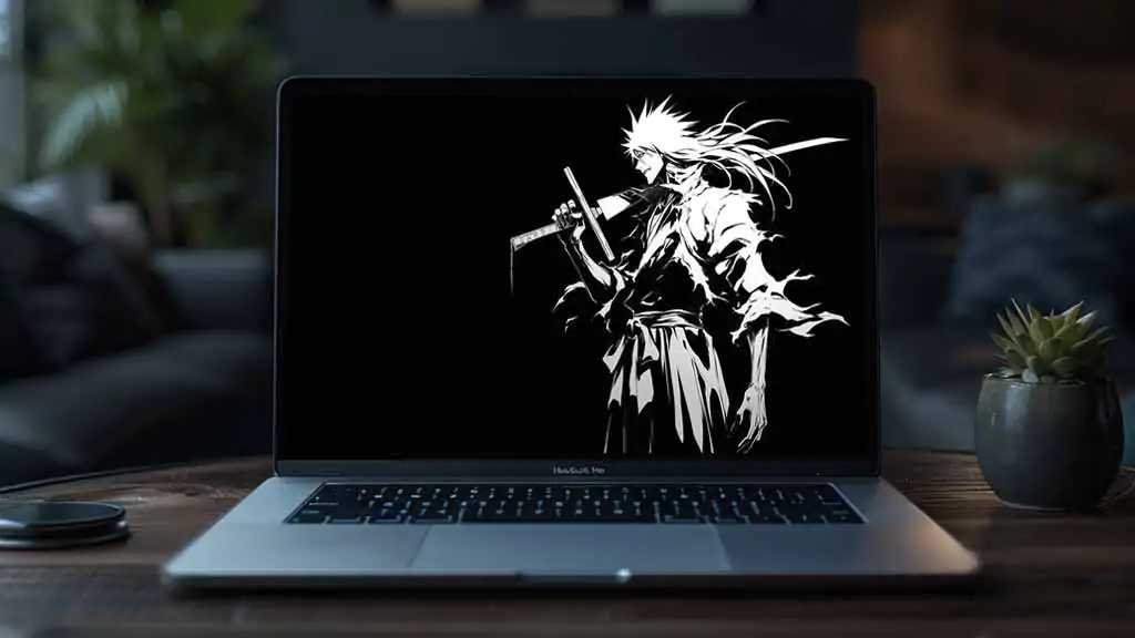 Fond d'écran Anime Bleach Ichigo noir & blanc 4K HD avec design minimaliste monochrome gratuit pour bureau et mobile.