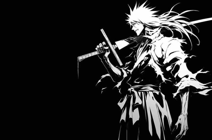 Fond d'écran Anime Bleach Ichigo noir & blanc 4K HD avec design minimaliste monochrome gratuit pour bureau et mobile.