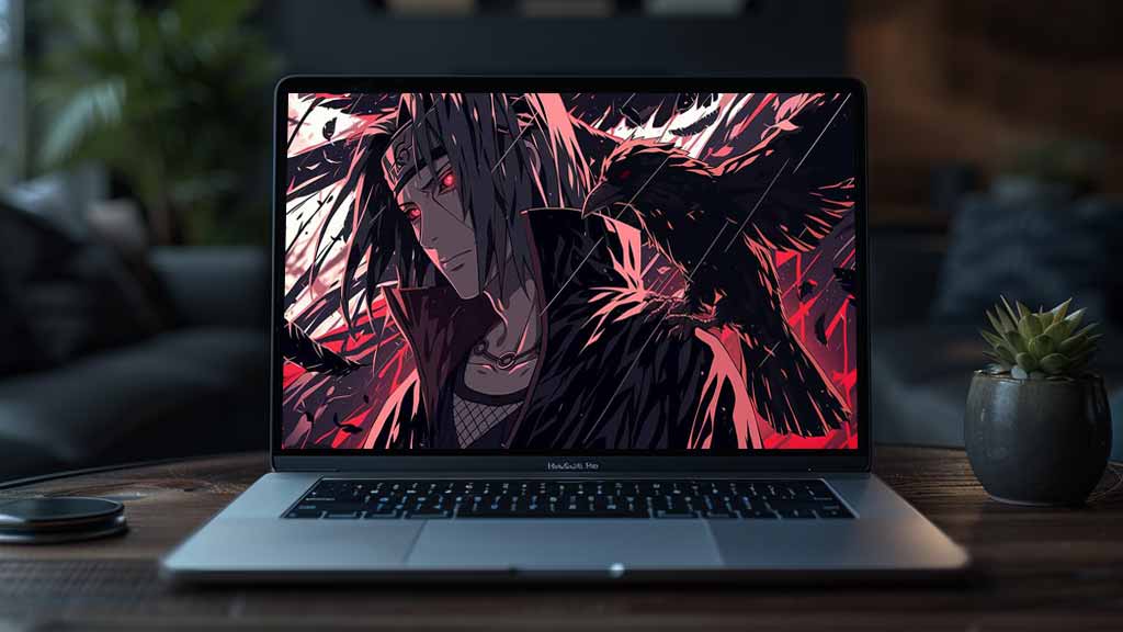Naruto Itachi Uchiha 4K wallpaper with red Sharingan eyes and black crows dark anime HD desktop background Akatsuki