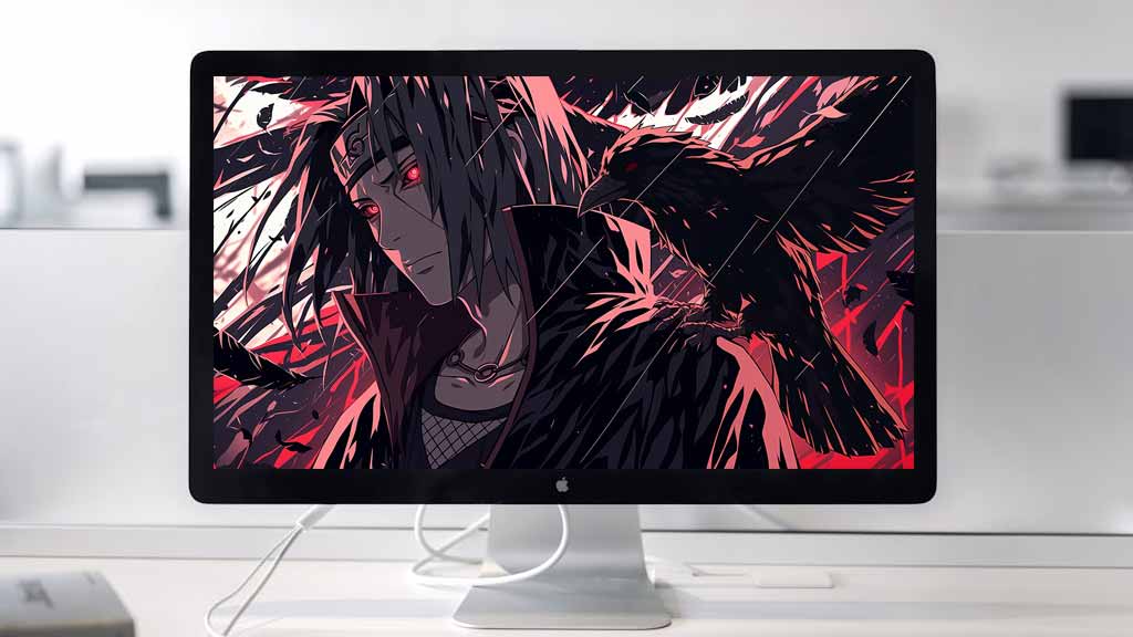 Naruto Itachi Uchiha 4K wallpaper with red Sharingan eyes and black crows dark anime HD desktop background Akatsuki