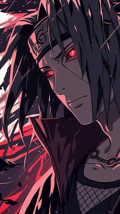 Naruto Itachi Uchiha 4K wallpaper with red Sharingan eyes and black crows dark anime HD desktop background Akatsuki