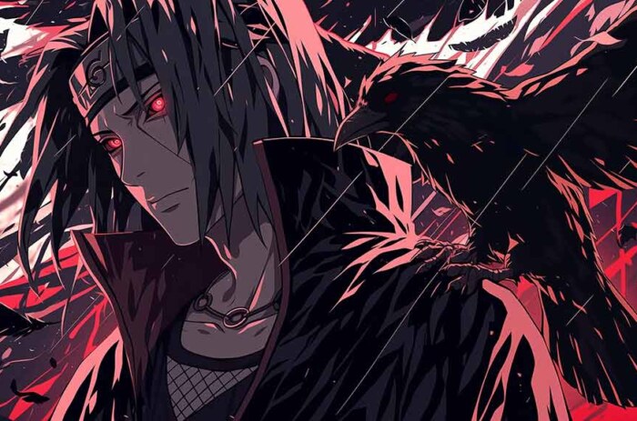 Naruto Itachi Uchiha 4K wallpaper with red Sharingan eyes and black crows dark anime HD desktop background Akatsuki