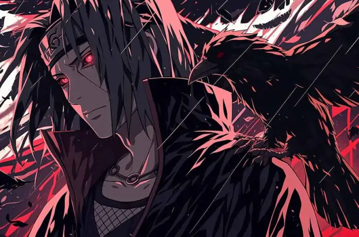 Naruto Itachi Uchiha 4K wallpaper with red Sharingan eyes and black crows dark anime HD desktop background Akatsuki