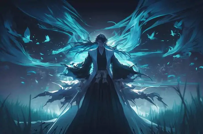 Bleach Kuchiki Byakuya 4K wallpaper with Senbonzakura blue dark atmospheric anime HD background Free Download PC and mobile