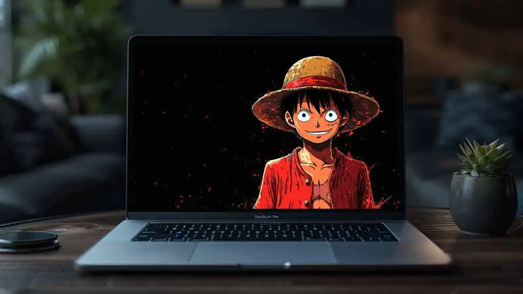 One Piece Luffy 4K wallpaper featuring Monkey D Luffy with straw hat smiling on black background with red particles anime art HD desktop background