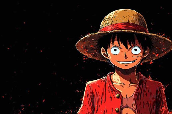 One Piece Luffy 4K wallpaper featuring Monkey D Luffy with straw hat smiling on black background with red particles anime art HD desktop background