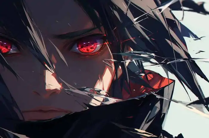 Sasuke Uchiha with red Sharingan eyes and black hair in intense close-up, 4K Naruto anime wallpaper with dramatic shadows
