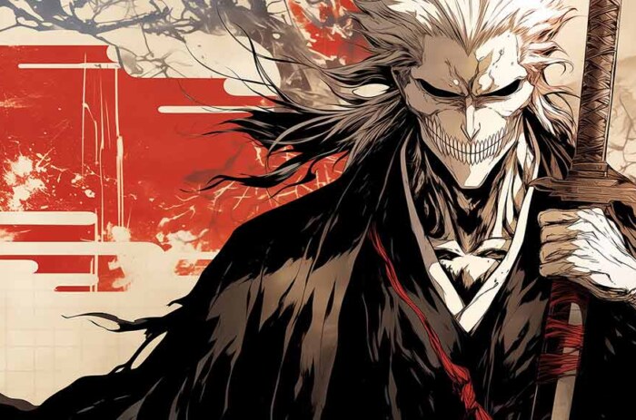 Bleach Hollow mask 4K wallpaper featuring skull-faced shinigami with zanpakuto sword Japanese art style HD anime background free Download