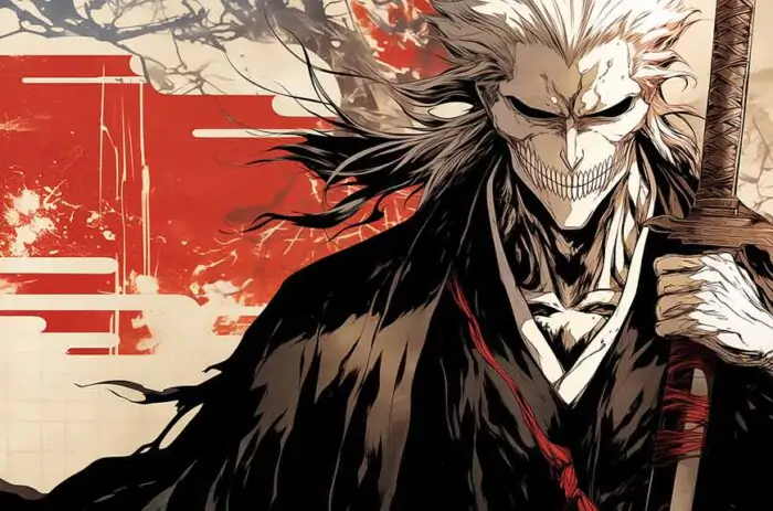 Ichigo Bleach masque Hollow 4K HD fond d'écran avec crâne shinigami et épée zanpakuto anime pour pc et mobile.