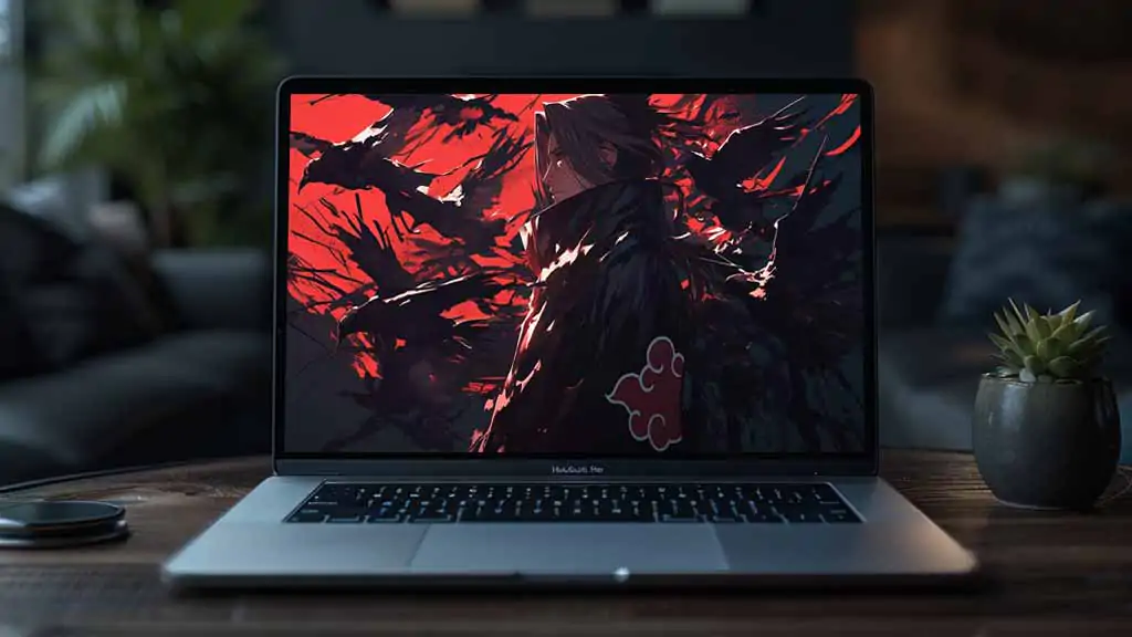 Itachi Uchiha wallpaper 4K HD featuring Akatsuki cloak with red cloud symbol and dramatic red and black artistic Naruto anime background for desktop and mobile