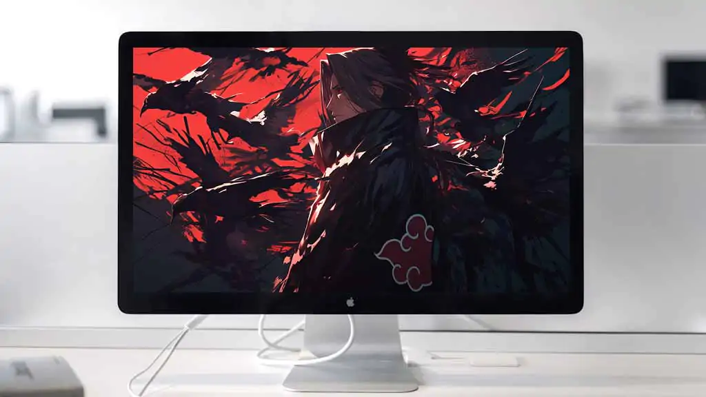 Itachi Uchiha wallpaper 4K HD featuring Akatsuki cloak with red cloud symbol and dramatic red and black artistic Naruto anime background for desktop and mobile