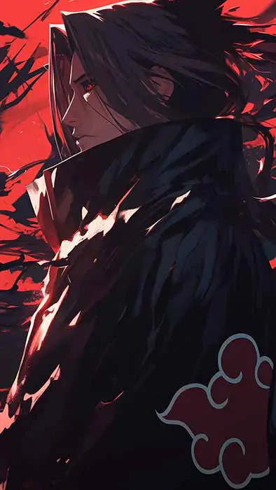 Itachi Uchiha wallpaper 4K HD featuring Akatsuki cloak with red cloud symbol and dramatic red and black artistic Naruto anime background for desktop and mobile