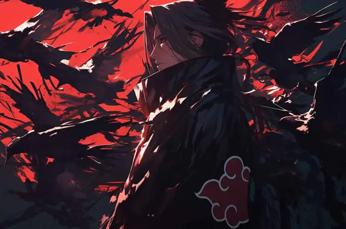 Itachi Uchiha wallpaper 4K HD featuring Akatsuki cloak with red cloud symbol and dramatic red and black artistic Naruto anime background for desktop and mobile