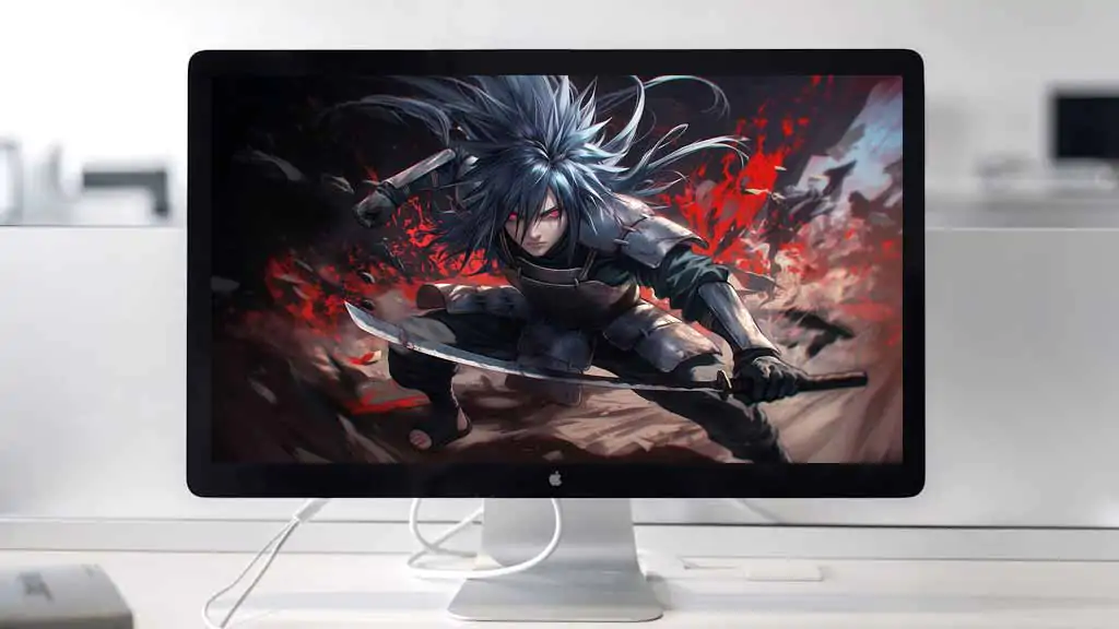 Young Madara Uchiha in a fierce battle stance wielding dual katana swords with glowing red Sharingan eyes and wild dark hair blowing in the wind, surrounded by a blood-red dark battlefield, 4K HD Naruto Shippuden anime wallpaper free download