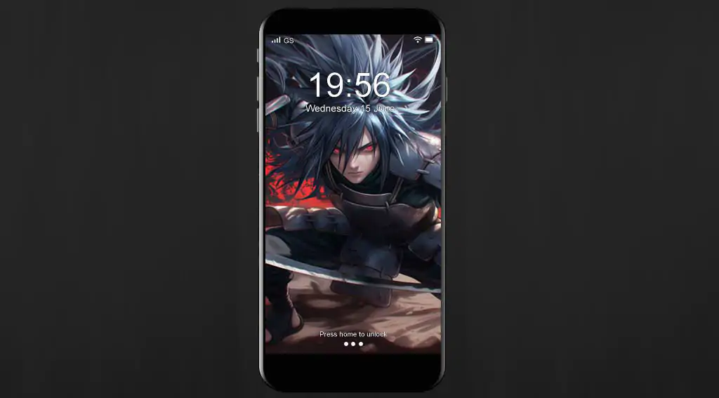 Young Madara Uchiha in a fierce battle stance wielding dual katana swords with glowing red Sharingan eyes and wild dark hair blowing in the wind, surrounded by a blood-red dark battlefield, 4K HD Naruto Shippuden anime wallpaper free download