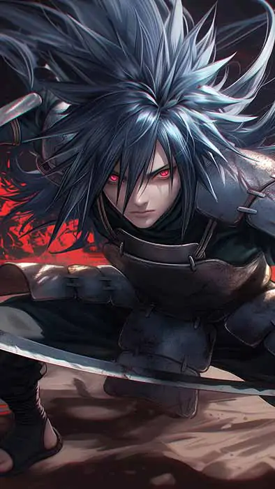 Young Madara Uchiha in a fierce battle stance wielding dual katana swords with glowing red Sharingan eyes and wild dark hair blowing in the wind, surrounded by a blood-red dark battlefield, 4K HD Naruto Shippuden anime wallpaper free download