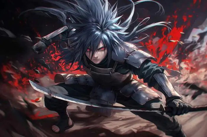 Young Madara Uchiha in a fierce battle stance wielding dual katana swords with glowing red Sharingan eyes and wild dark hair blowing in the wind, surrounded by a blood-red dark battlefield, 4K HD Naruto Shippuden anime wallpaper free download