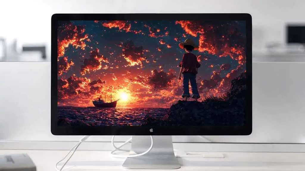 Monkey D Luffy Straw Hat Standing on Rocky Cliff Watching Ocean Sunset with Ship One Piece Anime Wallpaper 4K HD Free Download