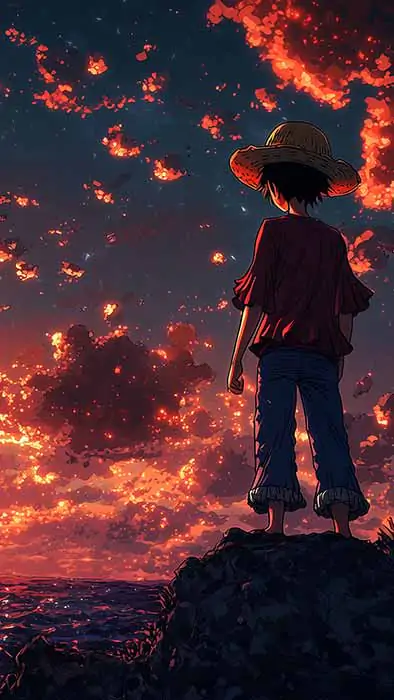 Monkey D Luffy Straw Hat Standing on Rocky Cliff Watching Ocean Sunset with Ship One Piece Anime Wallpaper 4K HD Free Download for mobile phone