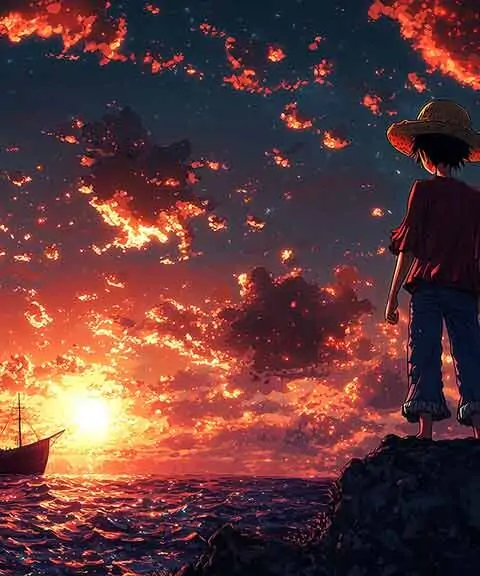 Monkey D Luffy Straw Hat Standing on Rocky Cliff Watching Ocean Sunset with Ship One Piece Anime Wallpaper 4K HD Free Download