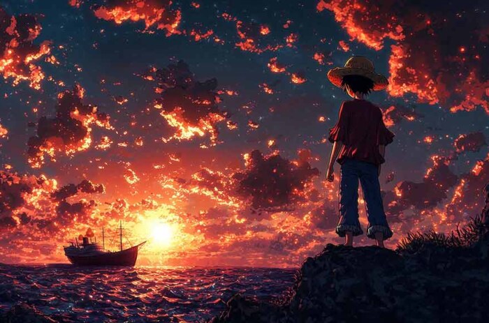 Monkey D Luffy Straw Hat Standing on Rocky Cliff Watching Ocean Sunset with Ship One Piece Anime Wallpaper 4K HD Free Download