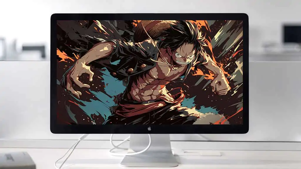 One Piece Luffy wallpaper 4K HD showing intense battle scene with dynamic action pose, muscular physique and explosive flame effects