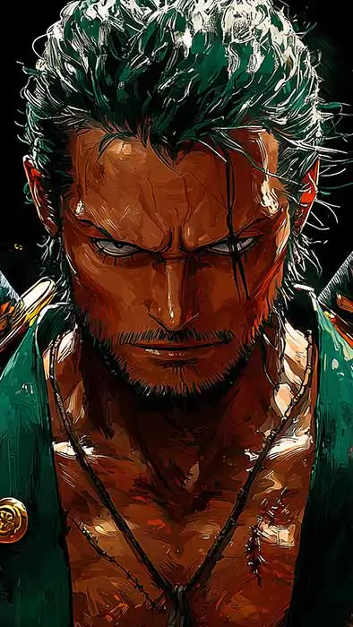 One Piece Roronoa Zoro wallpaper 4K HD featuring three sword style swordsman with intense expression and green hair against black background